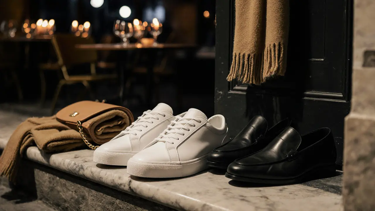 A minimalist night-out scene with a white sneaker, black loafer, and leather bag beside a folded scarf on a marble step.