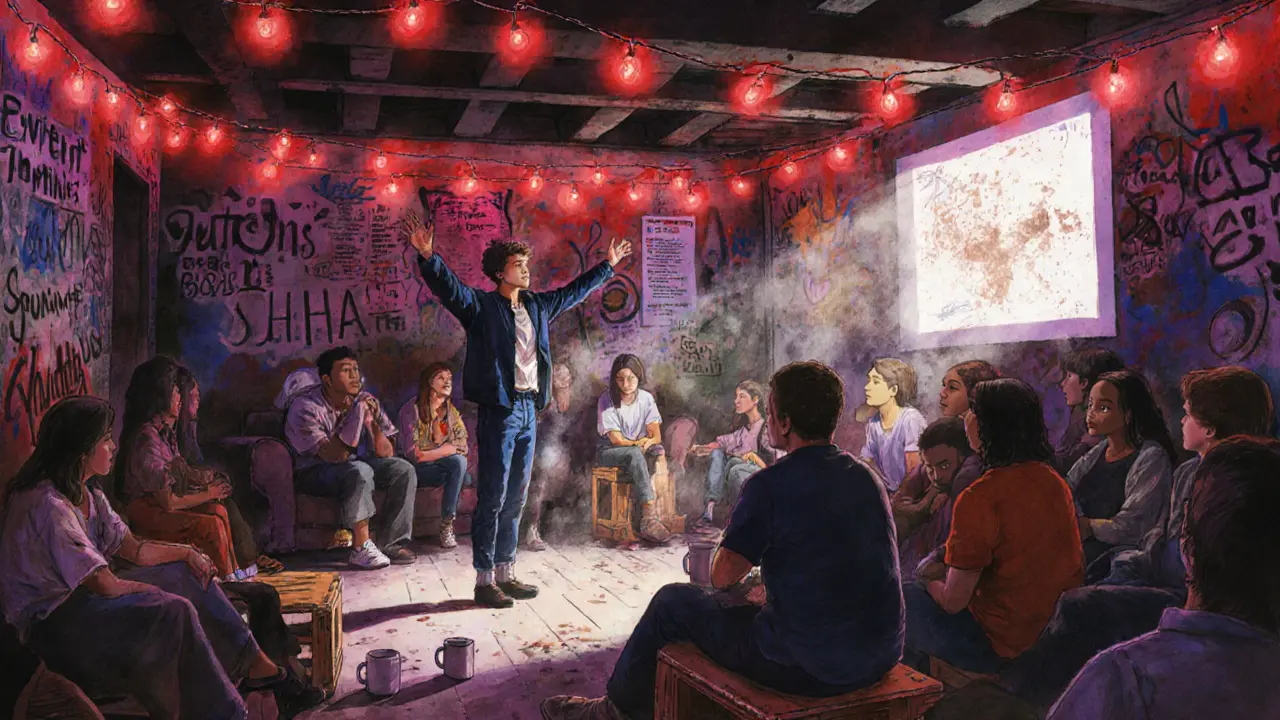 A poetry slam in a graffiti-covered basement, audience seated on crates as a poet performs under string lights.