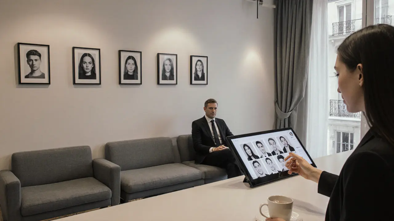 A professional escort agency waiting room in Paris with discreet profiles and minimalist decor.