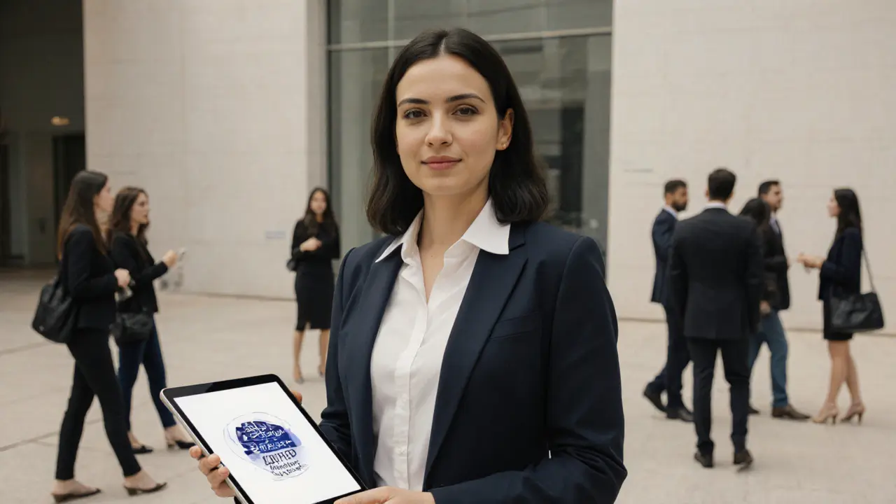 A professional woman outside an art gallery, representing legitimate social companionship services.