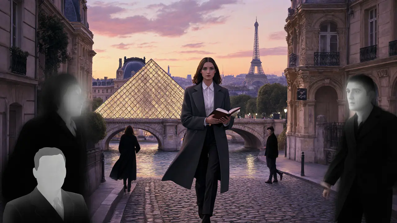 A professional woman walking through Montmartre with Paris landmarks in the background, avoiding shadowy online scams.
