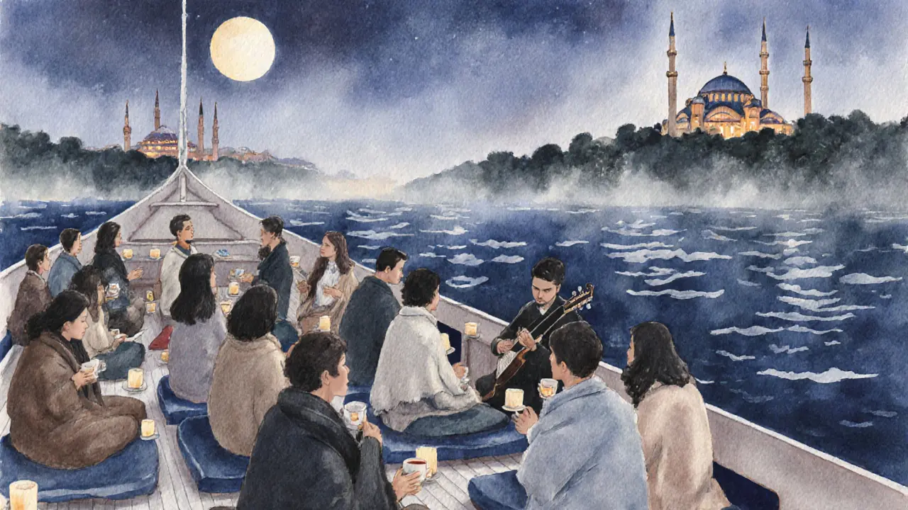 A quiet ferryboat anchored on the Bosphorus under a full moon, people sipping tea as an oud player performs softly in the night.