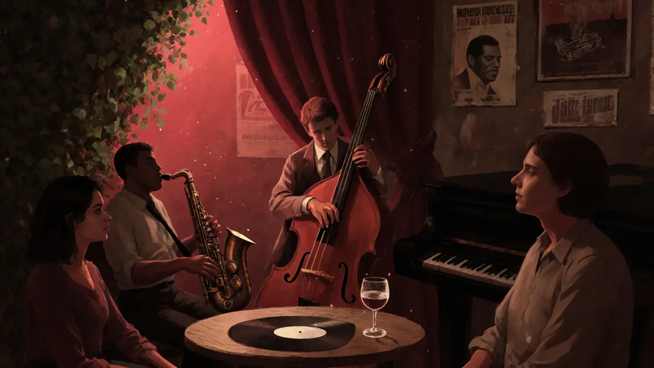 A quiet jazz trio playing in a dimly lit, ivy-covered lounge, patrons lost in the music.