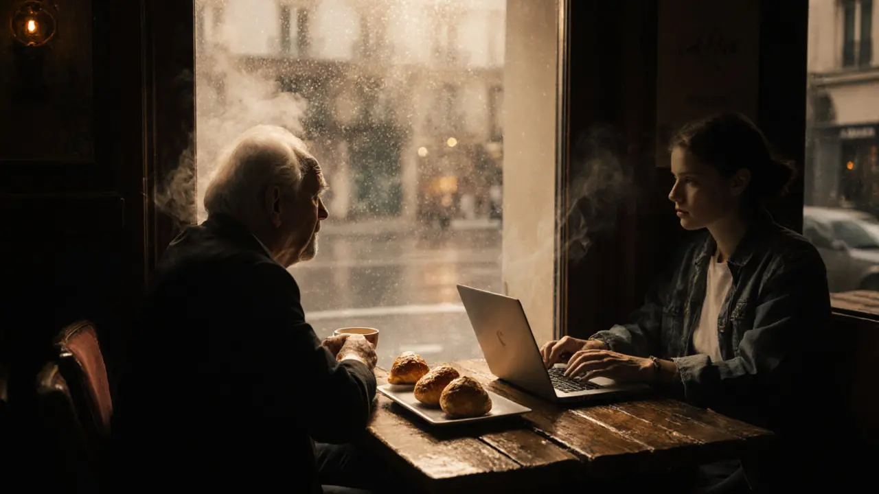 A quiet Paris café at 2 a.m. with espresso cups, a singer gazing out the window, and a writer at a laptop.
