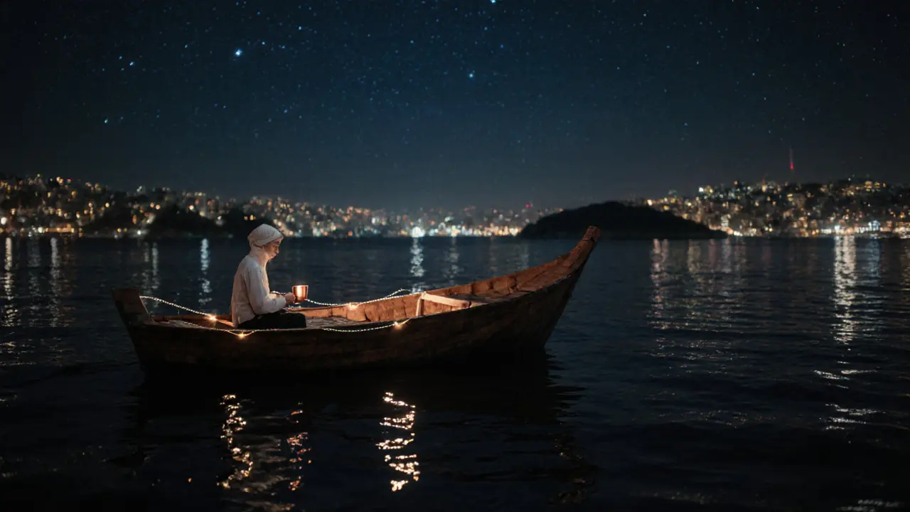 A quiet wooden boat anchored on the Bosphorus at night, reflecting stars and city lights.