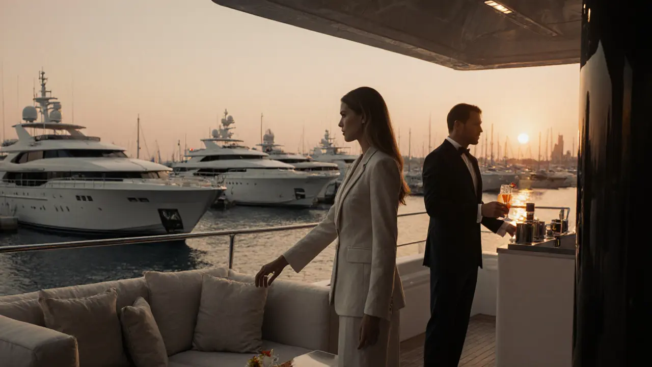 A refined companion guides a client on a luxury yacht at dusk in Abu Dhabi's marina.