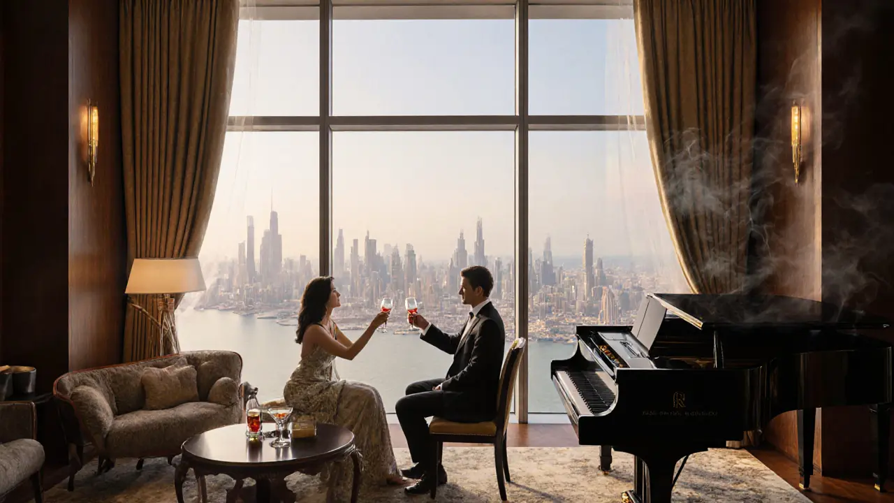 A refined couple enjoying cocktails with a city skyline view in an upscale rooftop lounge.