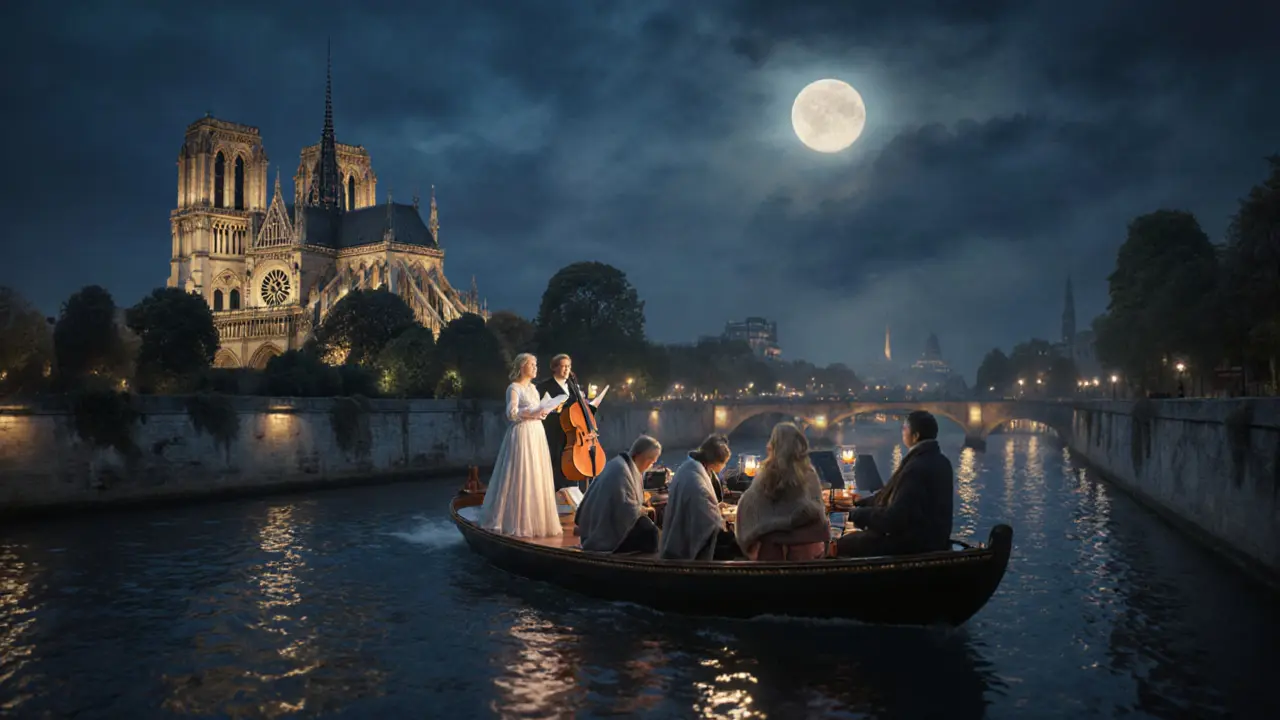 A silent opera boat drifting past Notre-Dame at night, passengers wrapped in blankets under moonlight.