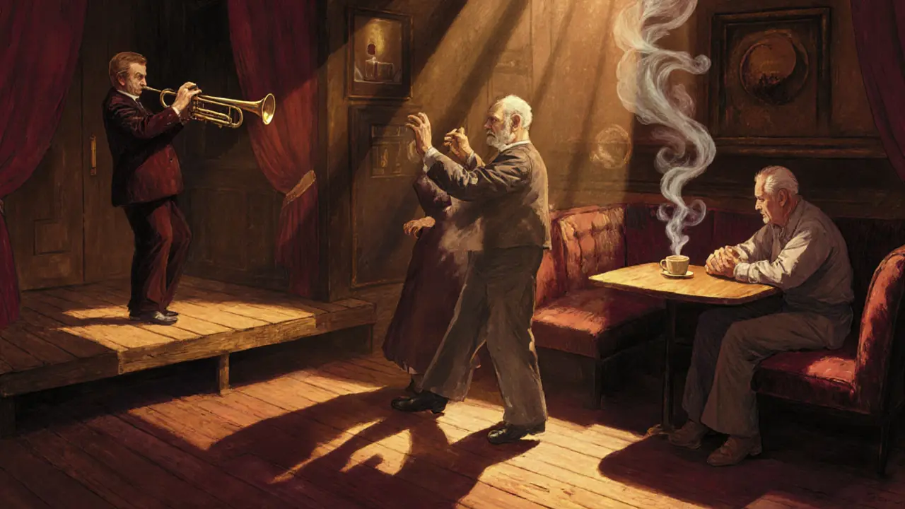 A small jazz club with dim lighting, a trumpet player on stage, and an elderly couple dancing slowly in a vintage wooden booth.