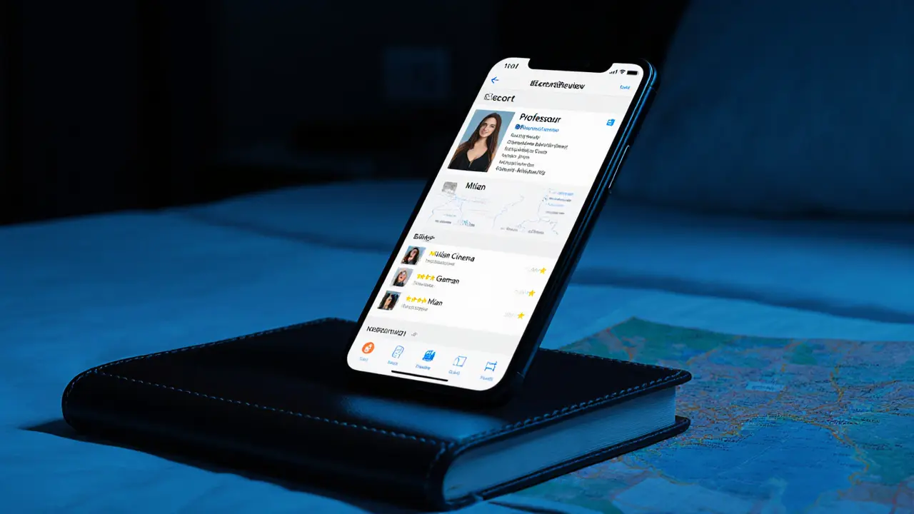 A smartphone displays a detailed escort profile with professional photo and verified reviews in a dim hotel room.