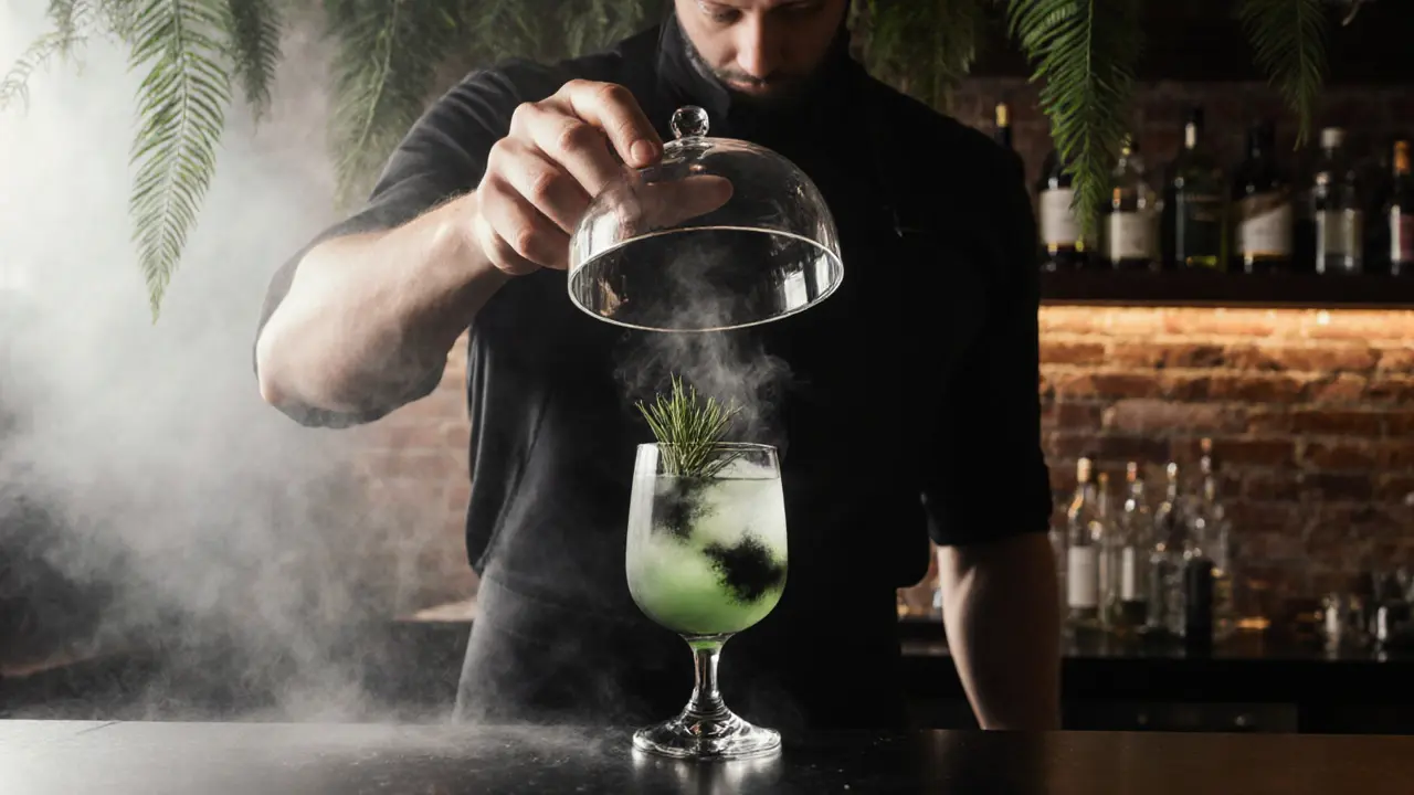 A smoked glass dome being lifted over a forest-inspired cocktail with herbal aromas rising.