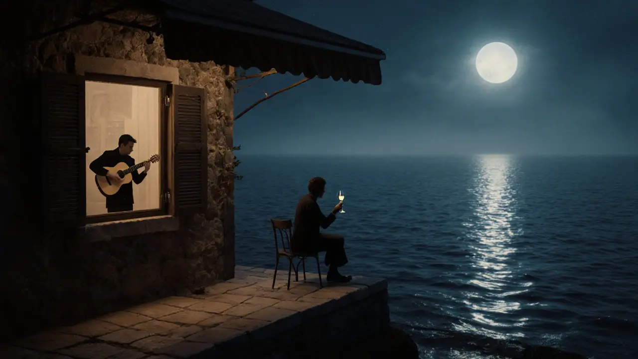 A solitary figure sipping wine by the sea in Moda under moonlight, waves gently lapping the shore.