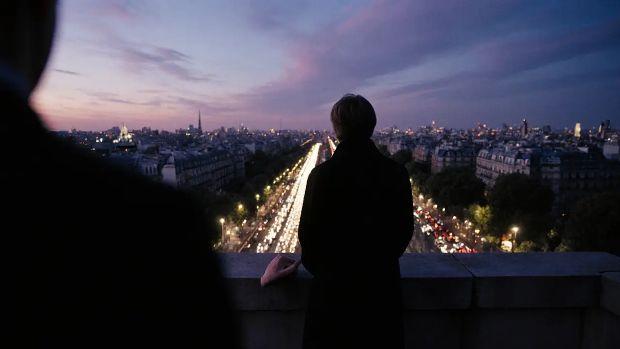 A solitary figure stands atop the Arc de Triomphe at twilight, the city lights beginning to twinkle below.