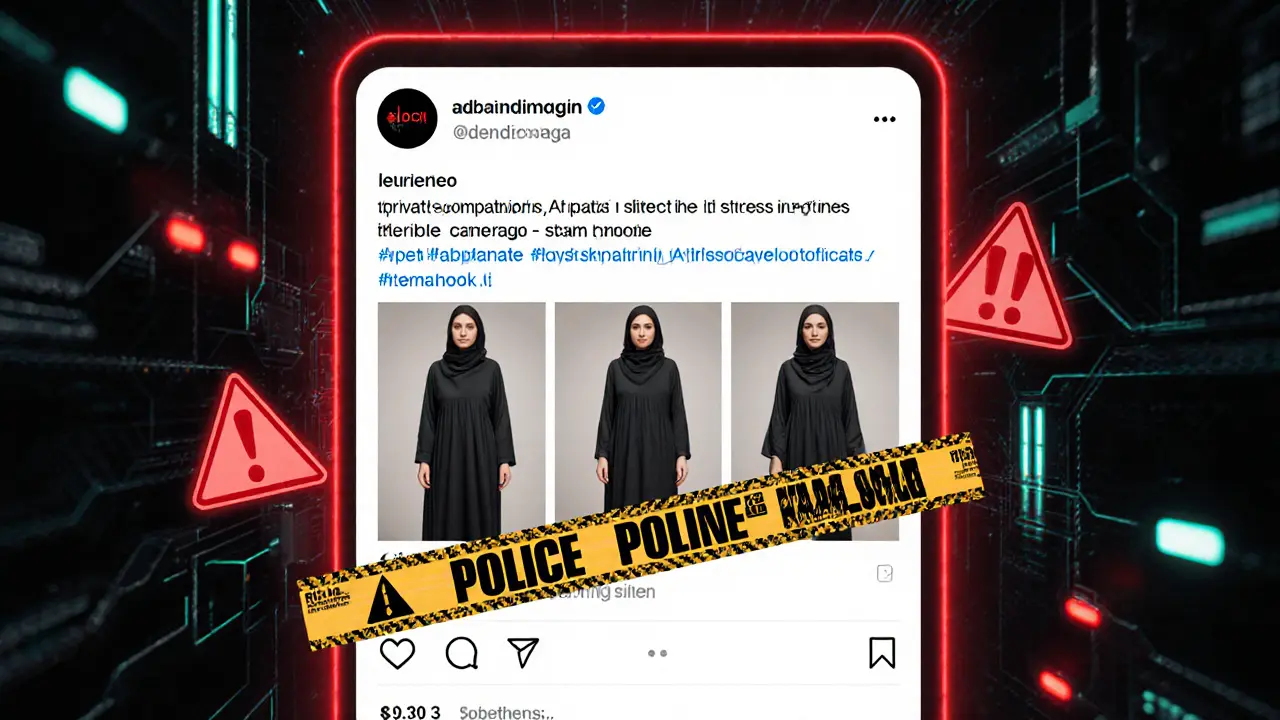 A suspicious social media post with warning symbols overlaying vague escort service ads.