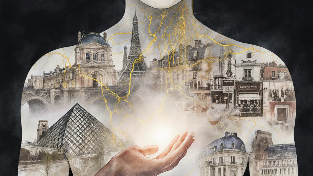 A transparent human form blends into Paris landmarks, golden threads connect places of connection, symbolizing being seen.