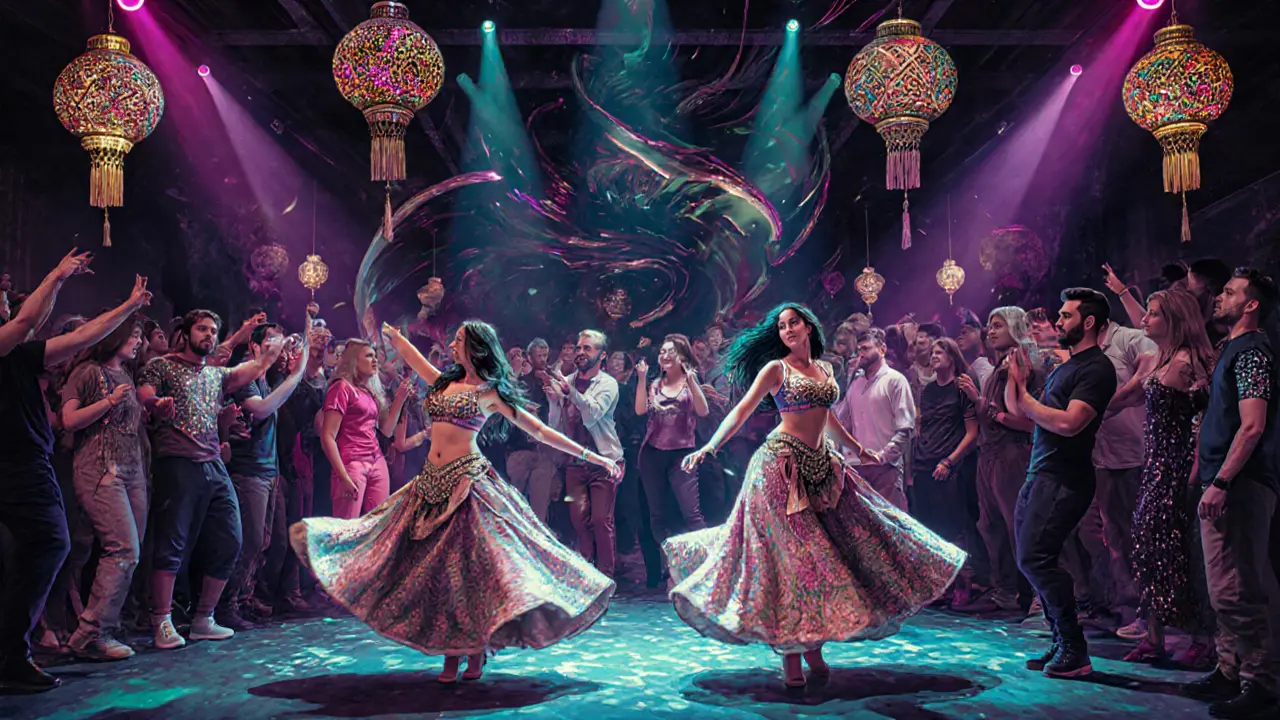 A vibrant nightclub with belly dancers and a diverse crowd under neon and lantern lights.