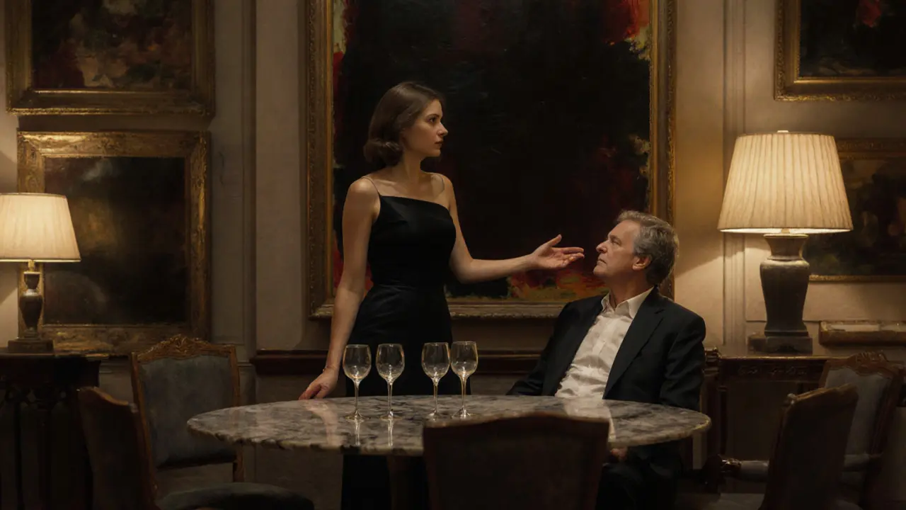 A woman and man converse quietly beside a Rothko painting in a private art gallery.