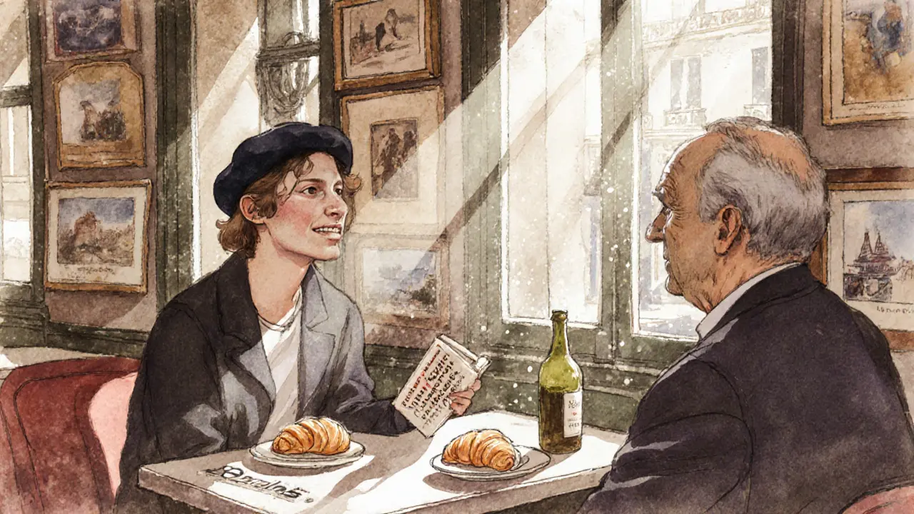 A young student and visitor laughing together in a Montmartre café over wine and croissants.