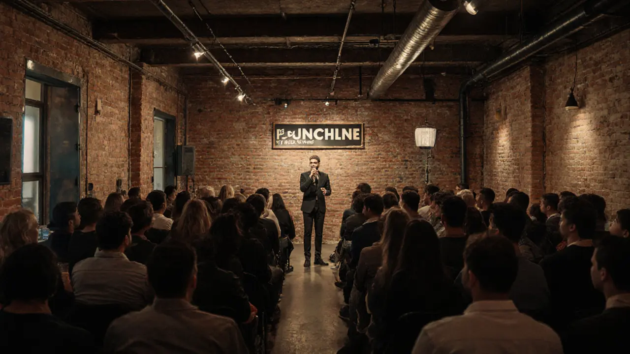 Authentic stand-up comedy in a warehouse venue with focused crowd and no distractions, Alserkal Avenue, Dubai.