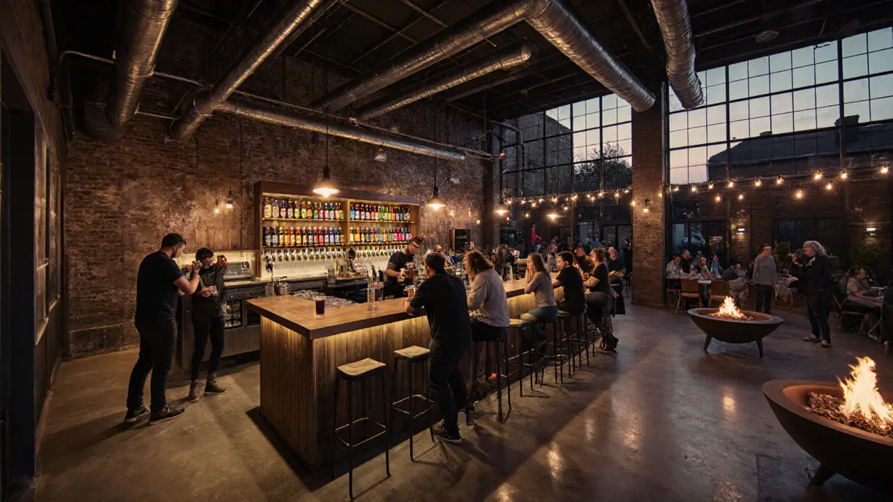 Beavertown Brewery taproom with multiple beer taps and guests enjoying tasting flights.
