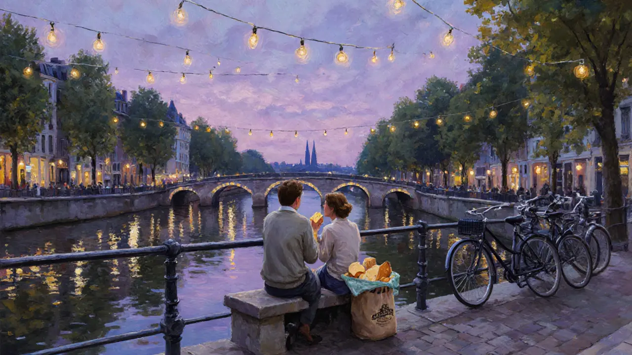 Couple sitting on a bench by Canal Saint-Martin at dusk, sharing food, lights reflecting on water, quiet urban serenity.