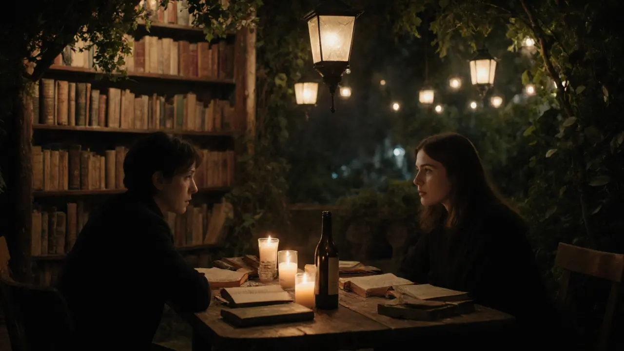 Couples talking in a cozy hidden bar filled with books and candlelight, warm ambient glow, no digital devices.