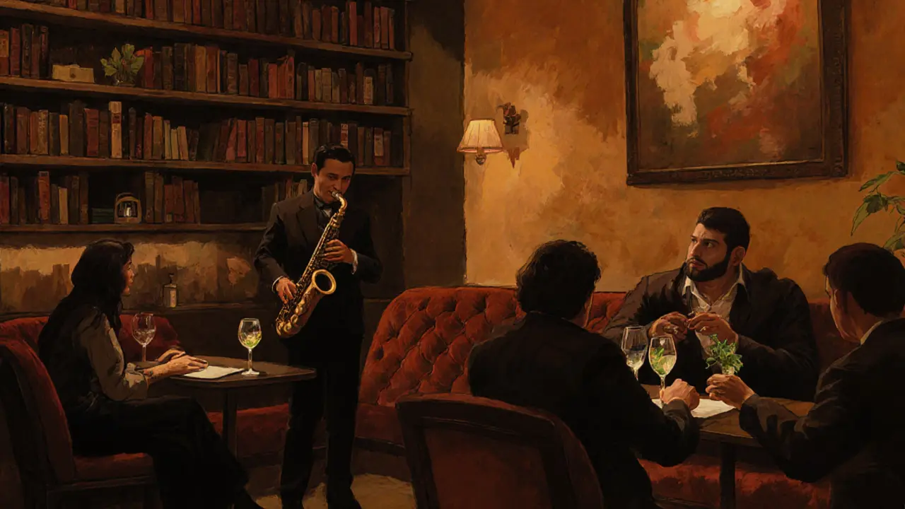 Cozy Brera jazz bar with velvet couches, dim lighting, and a musician playing saxophone.