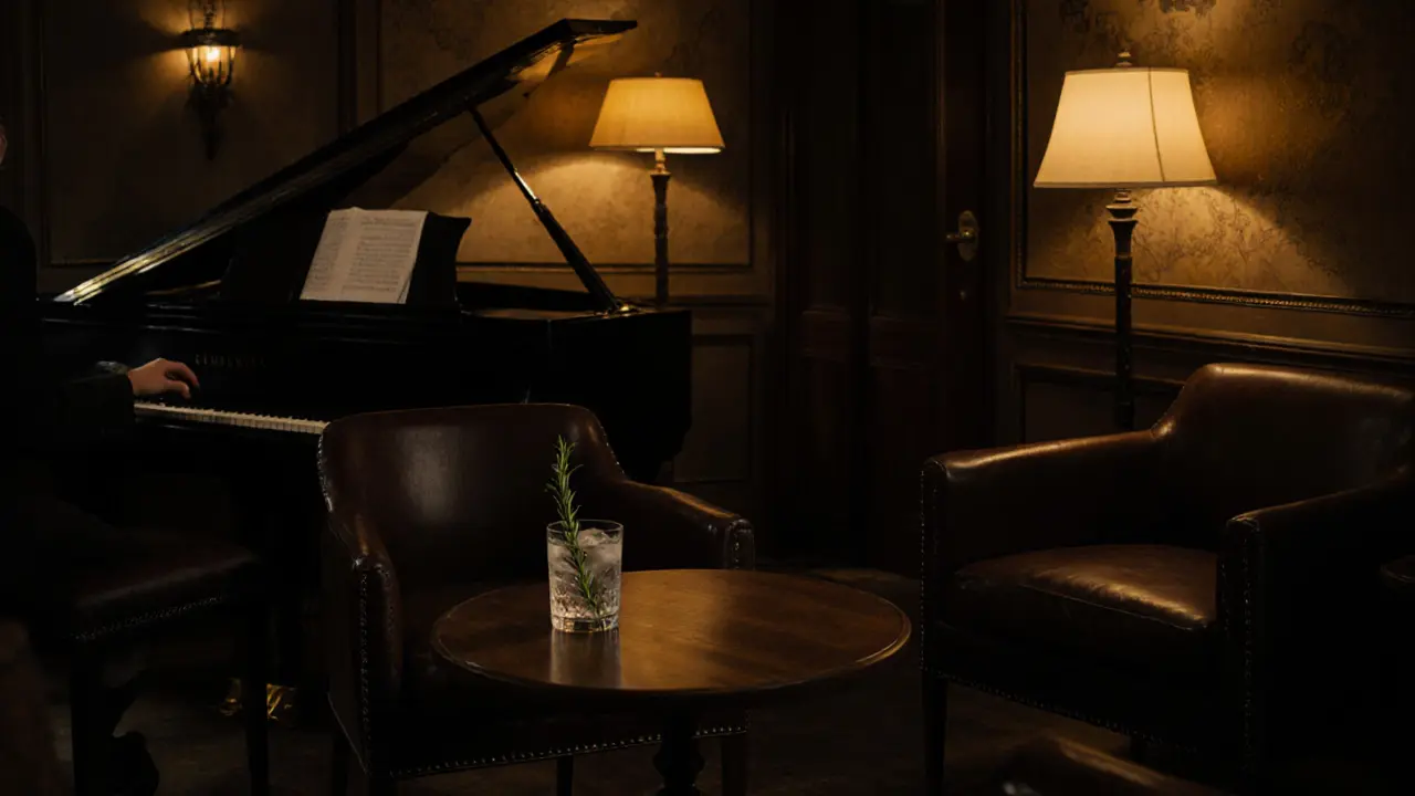 Cozy jazz lounge with piano, dim lamps, and quiet patrons enjoying gin and tonic.