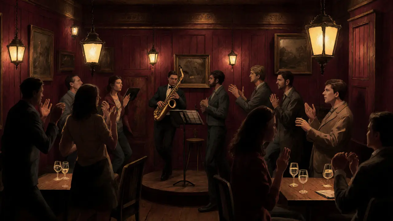 Crowd dancing in a cozy jazz cellar with live saxophone music and warm lantern lighting.