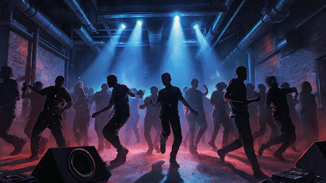 Crowd dancing in Fabric nightclub under pulsing strobe lights, silhouettes moving to deep bass in an industrial space.