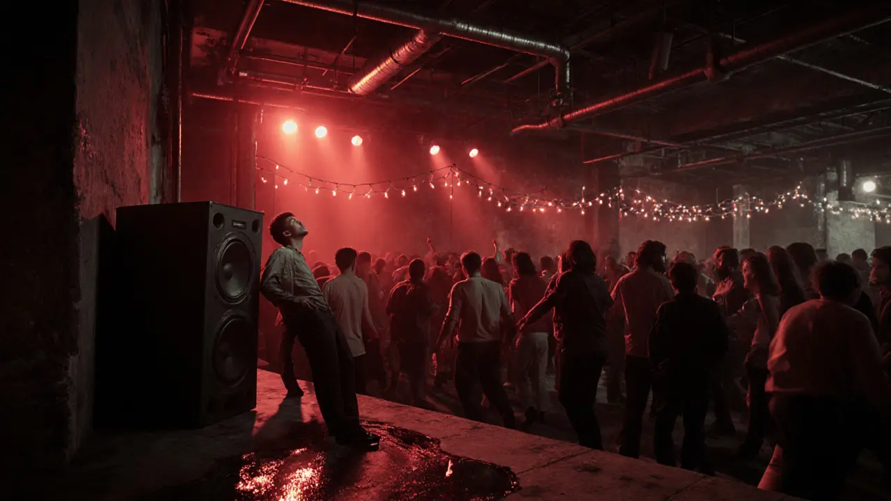Dancers under pulsing red lights in an industrial warehouse club, bass vibrating through the night air.