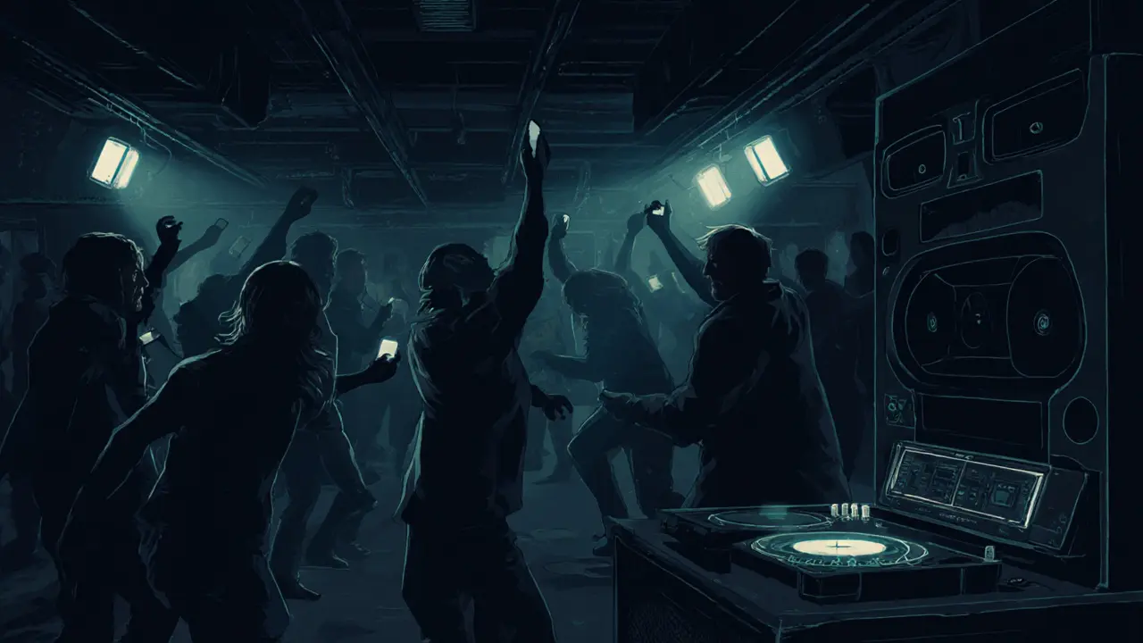 Dark underground club illuminated only by phone lights as people dance to fusion music in silence.