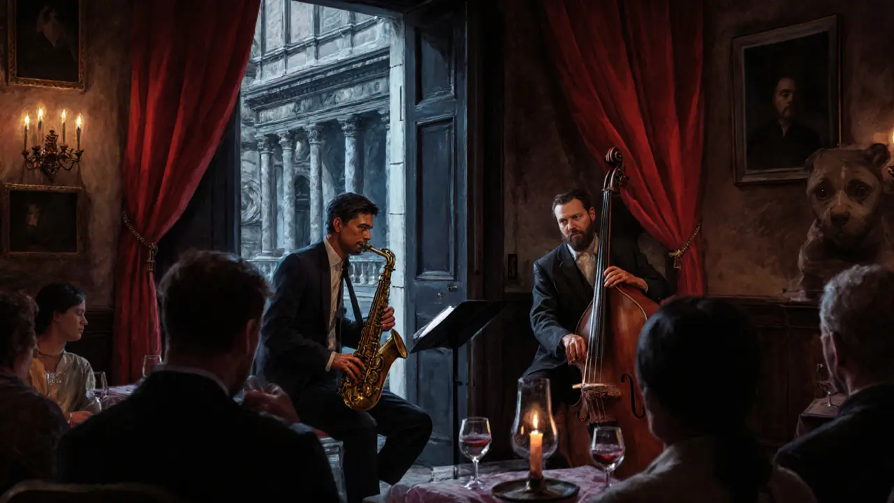 Dim jazz bar in Brera with musicians playing live, patrons listening quietly in candlelit intimacy.