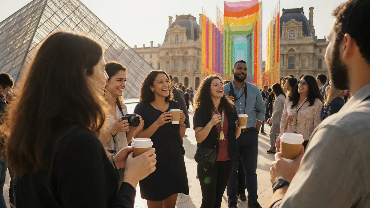 Diverse people enjoying a cultural tour at Louvre Abu Dhabi under bright sunlight.