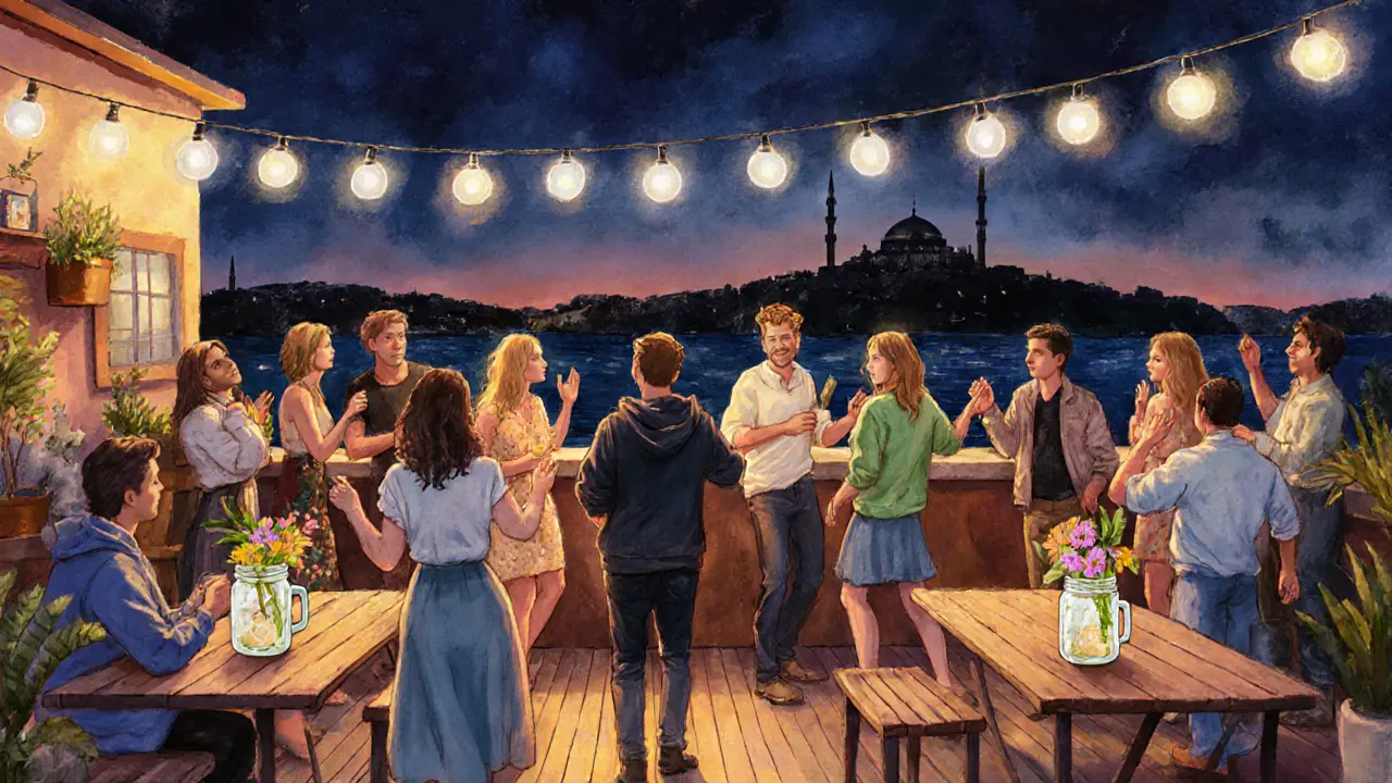 Eclectic crowd dancing on a Karaköy rooftop under string lights with Galata Tower in the distance.