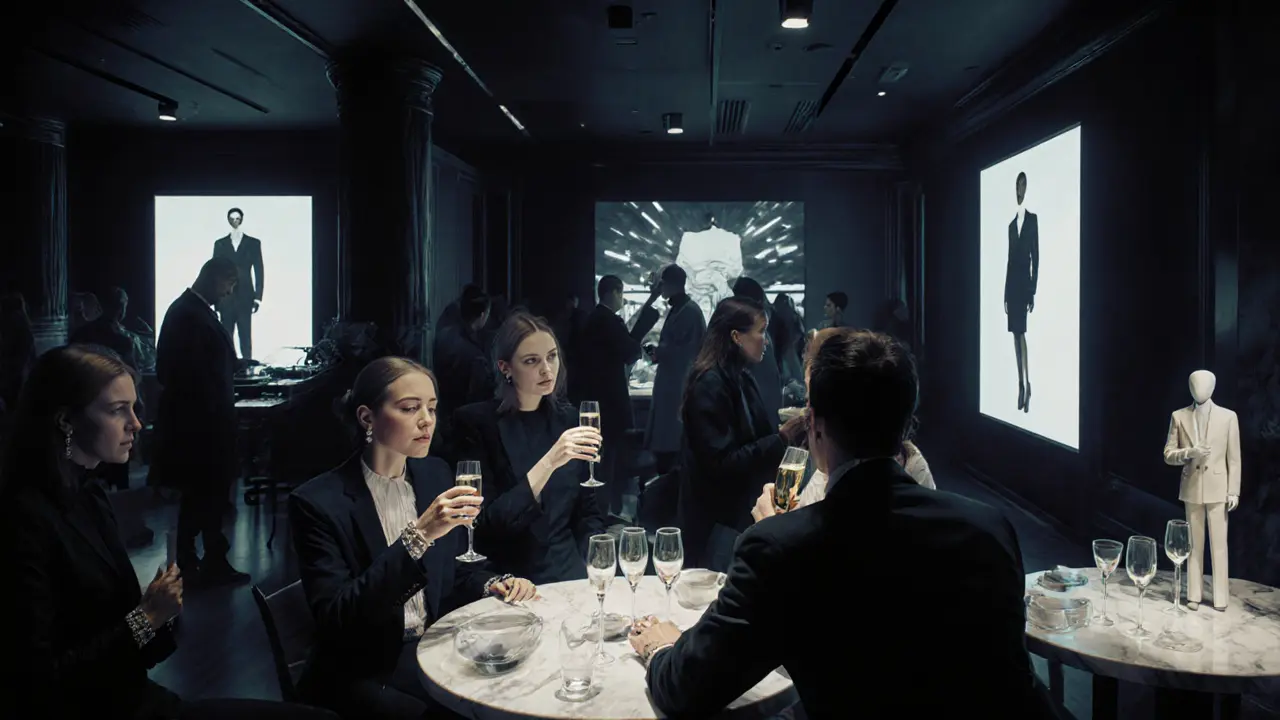 Elegant fashion party at Selfridges with mannequin-shaped glasses and guests in minimalist style, viewing runway previews.