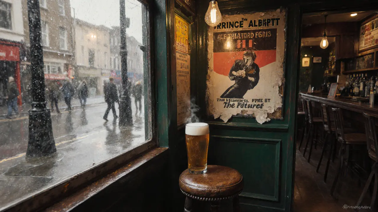 Empty stool at The Prince Albert pub with a half-finished pint and rain-streaked window, quiet and nostalgic atmosphere.