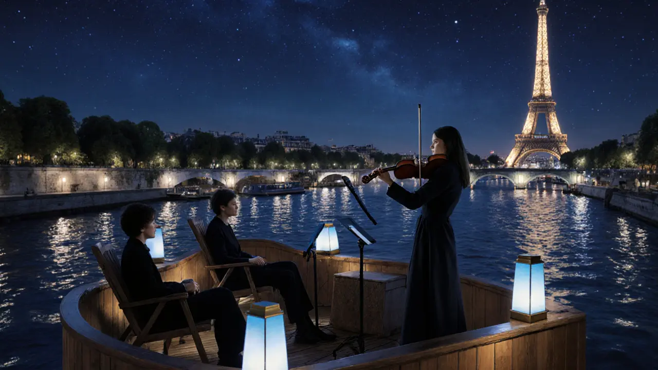 Floating bar on the Seine at night, soft lights and quiet listeners drifting past city landmarks.