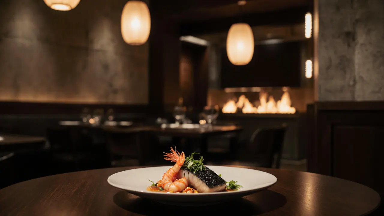 Gourmet dish on dark wood table with soft lantern glow and kitchen firelight.