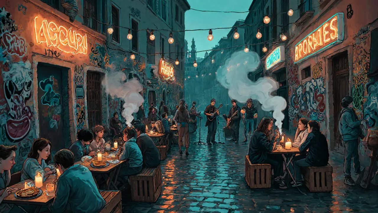 Graffiti-lined canal in Porta Ticinese with live music, candlelit tables, and a vibrant crowd at midnight.