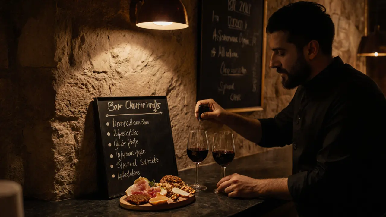 Handwritten chalkboard with wine pairings beside a charcuterie board at a quiet, upscale wine bar.