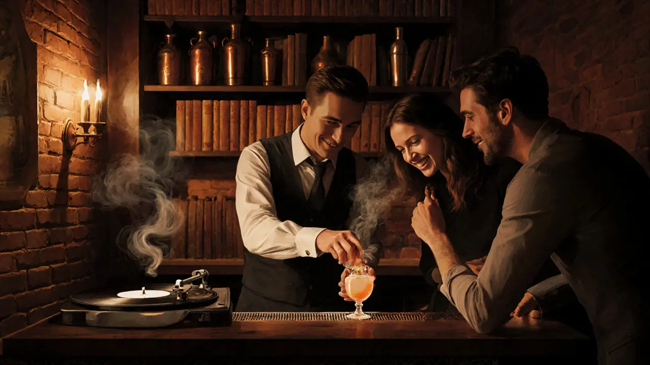 Hidden speakeasy bar with jazz music, dim lighting, and bartender crafting cocktails behind a bookshelf