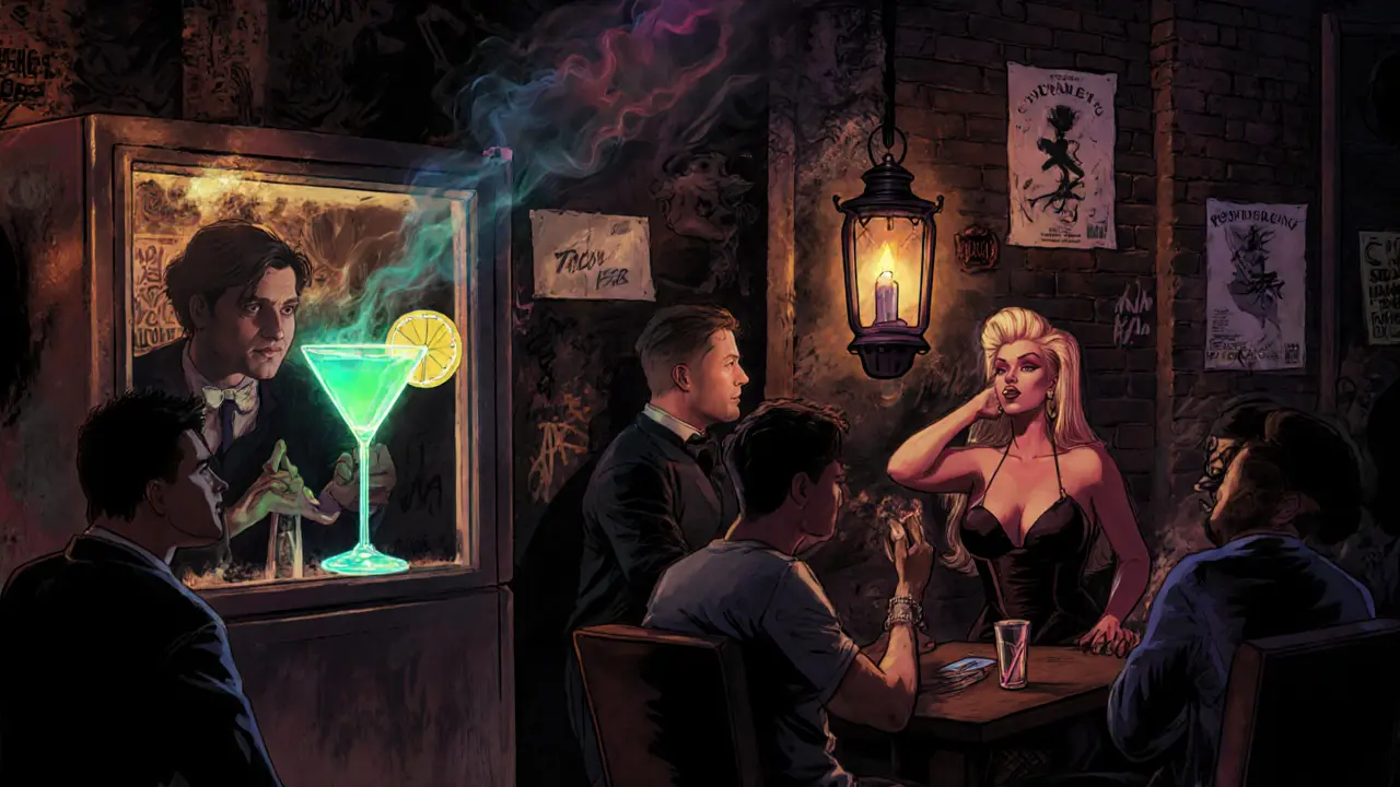 Hidden speakeasy behind a fridge door, with glowing cocktails and a drag performer under dim lights.