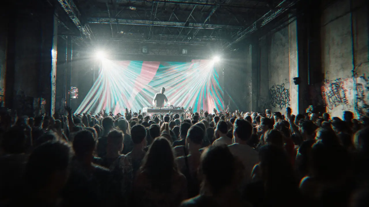 Industrial electro club with vibrant strobe lights and a dense crowd lost in deep bass rhythms.