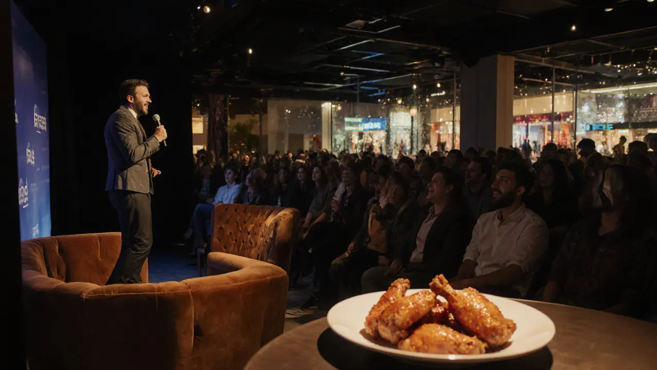 Intimate comedy show inside The Dubai Mall with audience laughing warmly under amber lights and chicken wings on table.