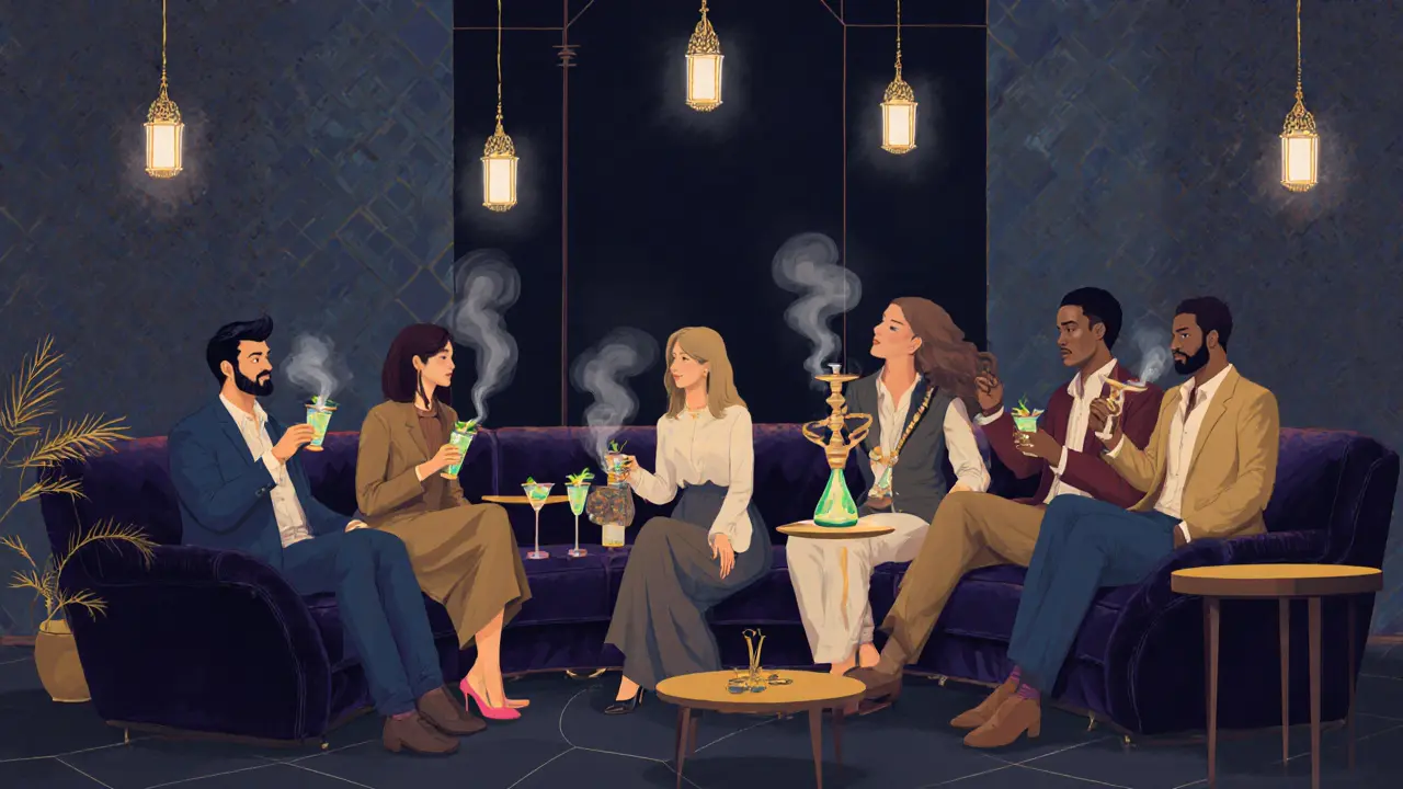 Intimate group at Yas Lounge sipping Arabic cocktails and smoking shisha in soft lighting.