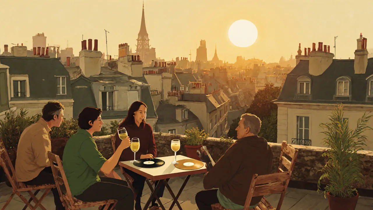 Locals enjoying natural wine on a quiet rooftop as sunset lights up Parisian rooftops.