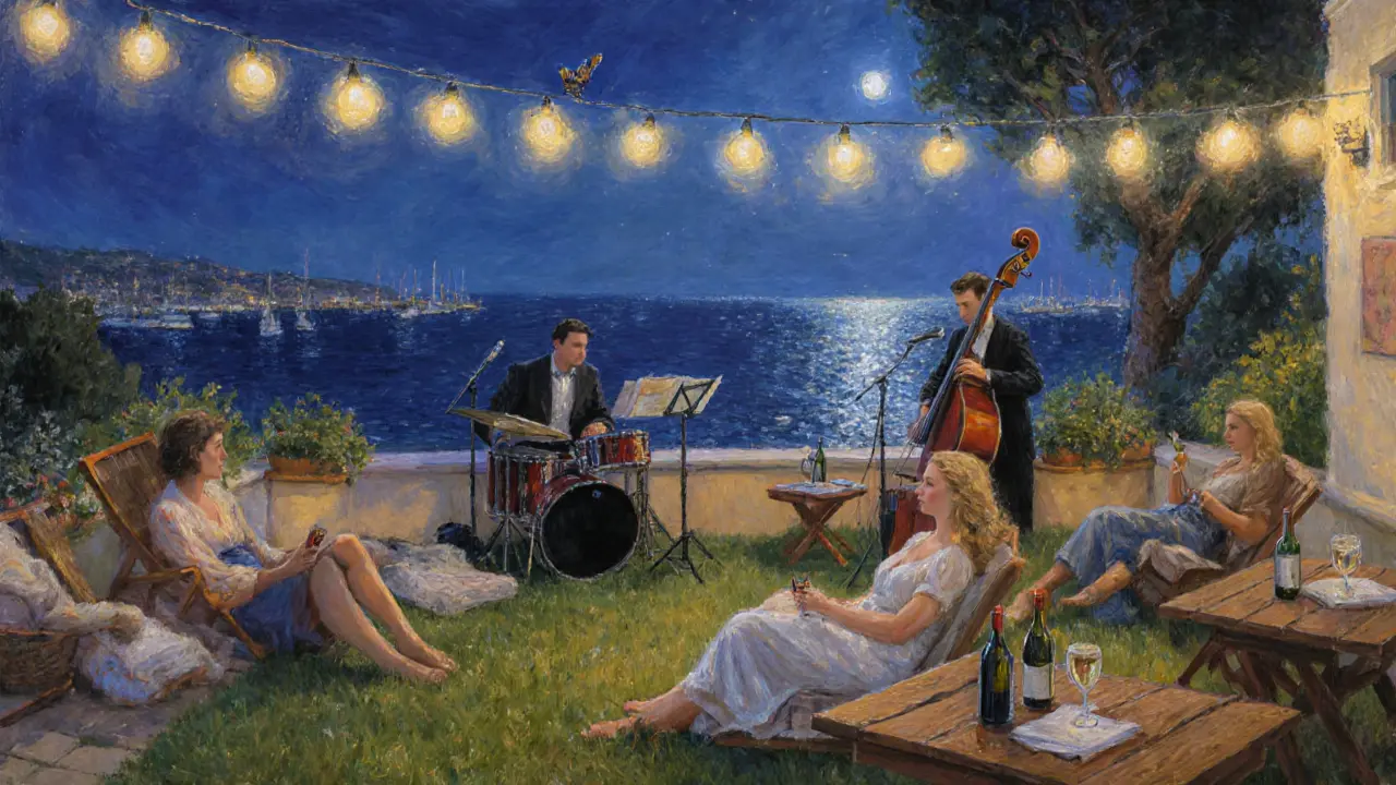 Locals relax on a grassy rooftop terrace under string lights, listening to live jazz at night.