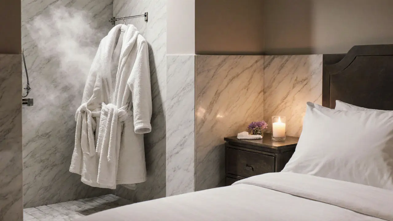 Luxurious spa bathroom with lavender steam, heated marble, and candlelight at Palazzo Parigi.