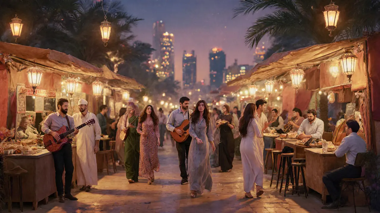 Manarat Al Saadiyat night market with people enjoying food and live Arabic jazz under warm lantern lights.